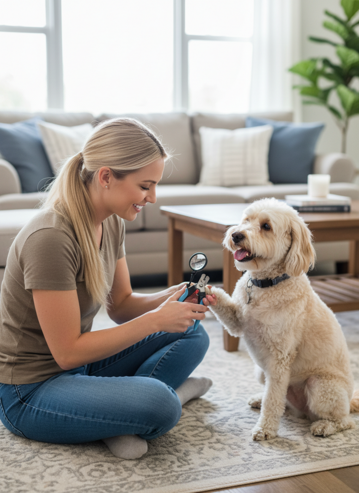 A woman sits on a patterned rug in a bright living room, holding the Zakity pet nail clipper with magnifier in place to see the dogs nail, while a fluffy cream-colored dog sits beside her with one paw raised.