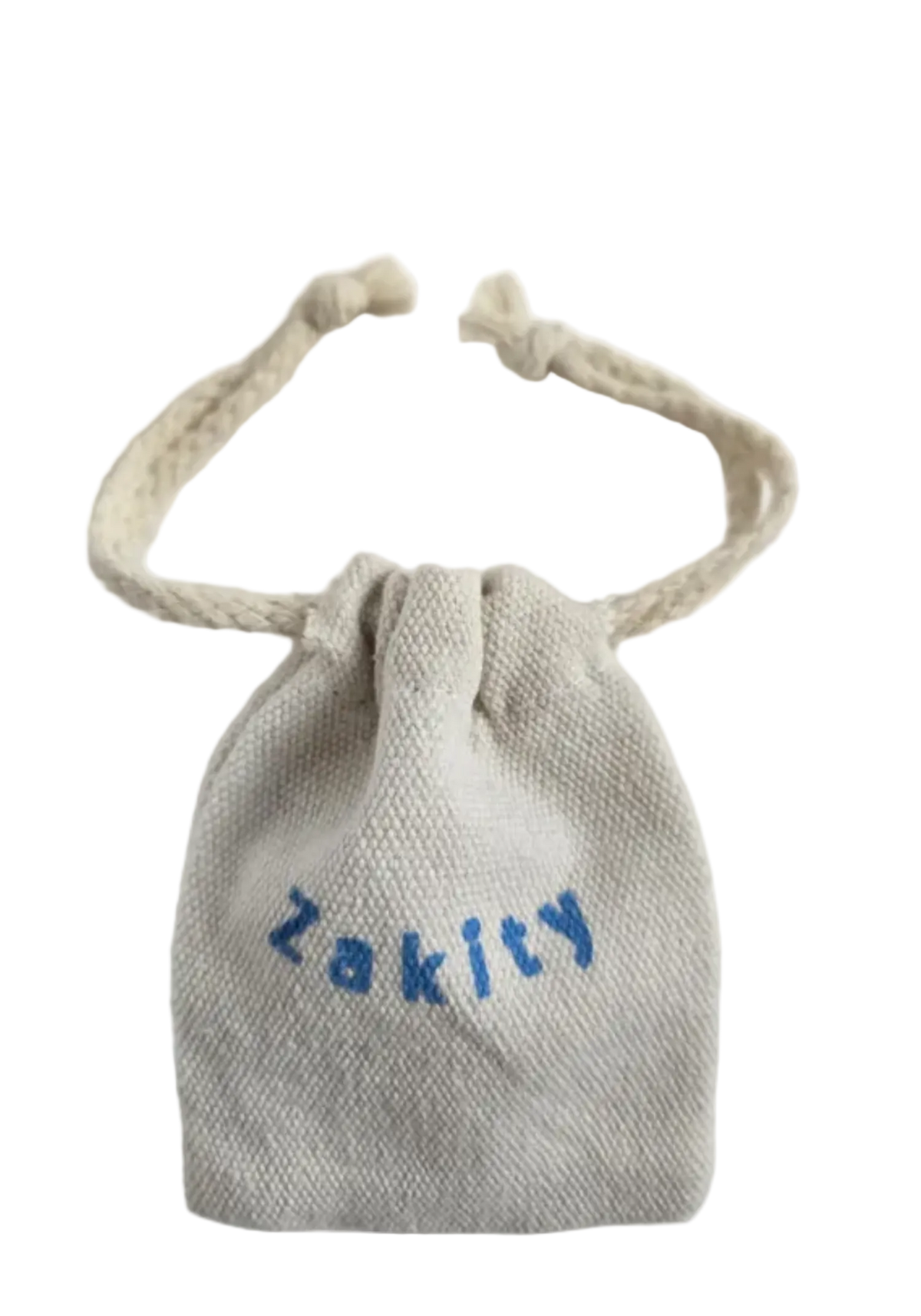 A small beige woven drawstring pouch with the word 'Zakity' embroidered in blue across the front, shown on a plain white background.