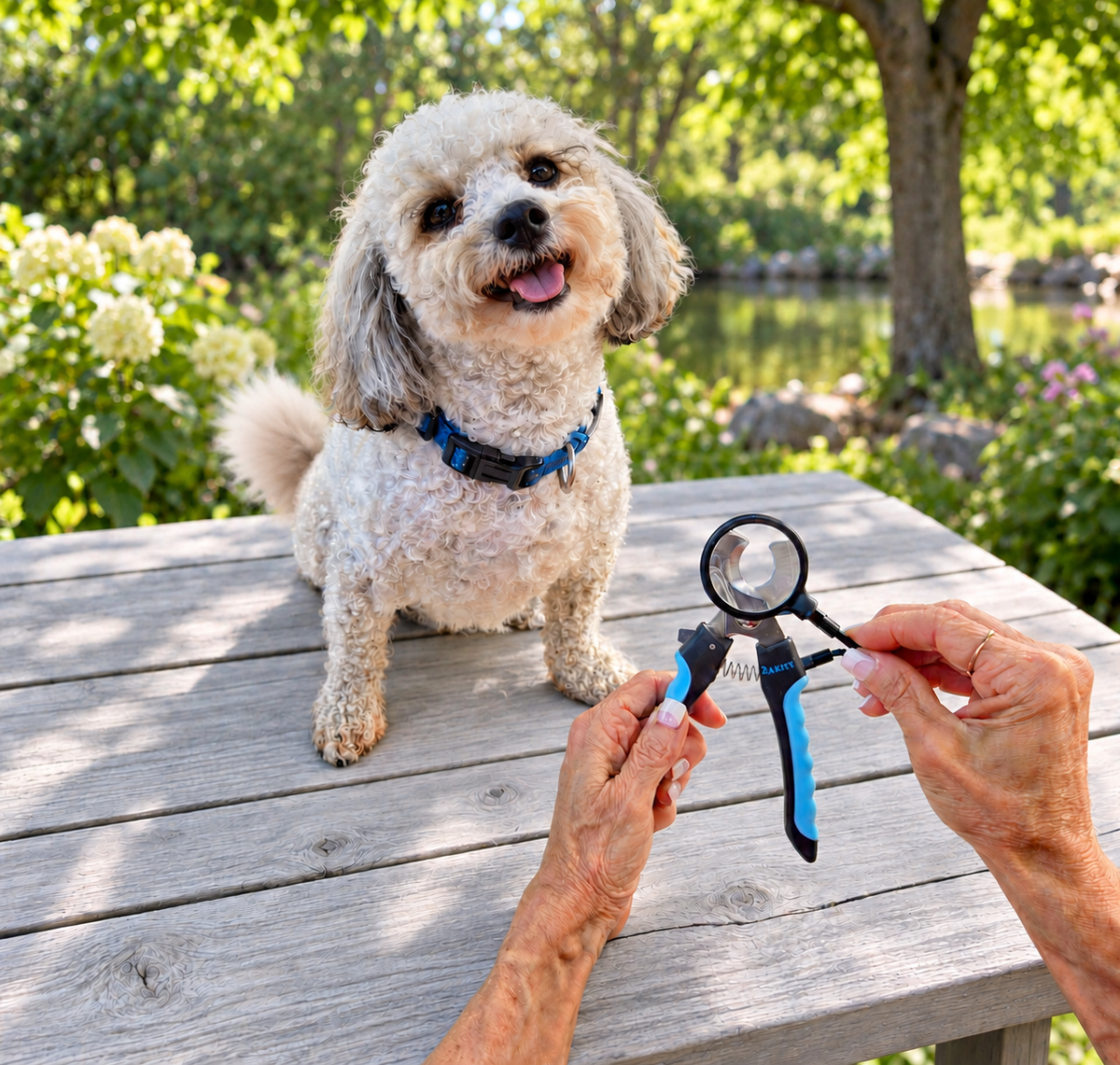 Woman trimming a black dog's nails outdoors with the Zakity clipper