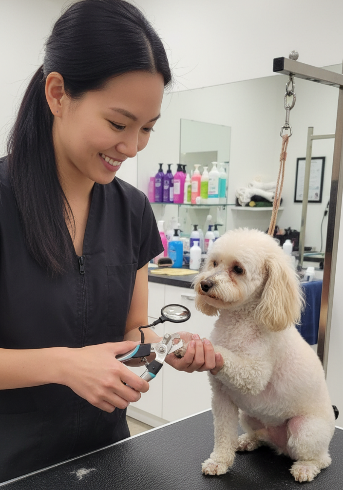 Professional groomer using Zakity nail clipper with magnifier to trim a small white dog's nails in a grooming salon
