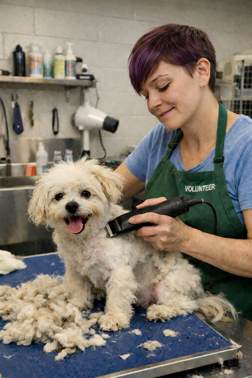 Animal shelter volunteer in a green apron grooming a small white dog on a grooming table