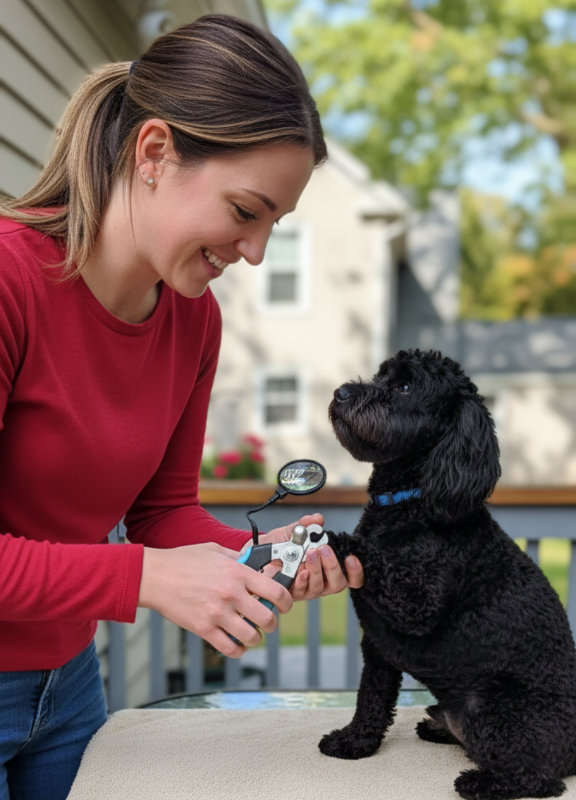 Woman trimming her dog's nails outdoors using the Zakity nail clipper with magnifier
