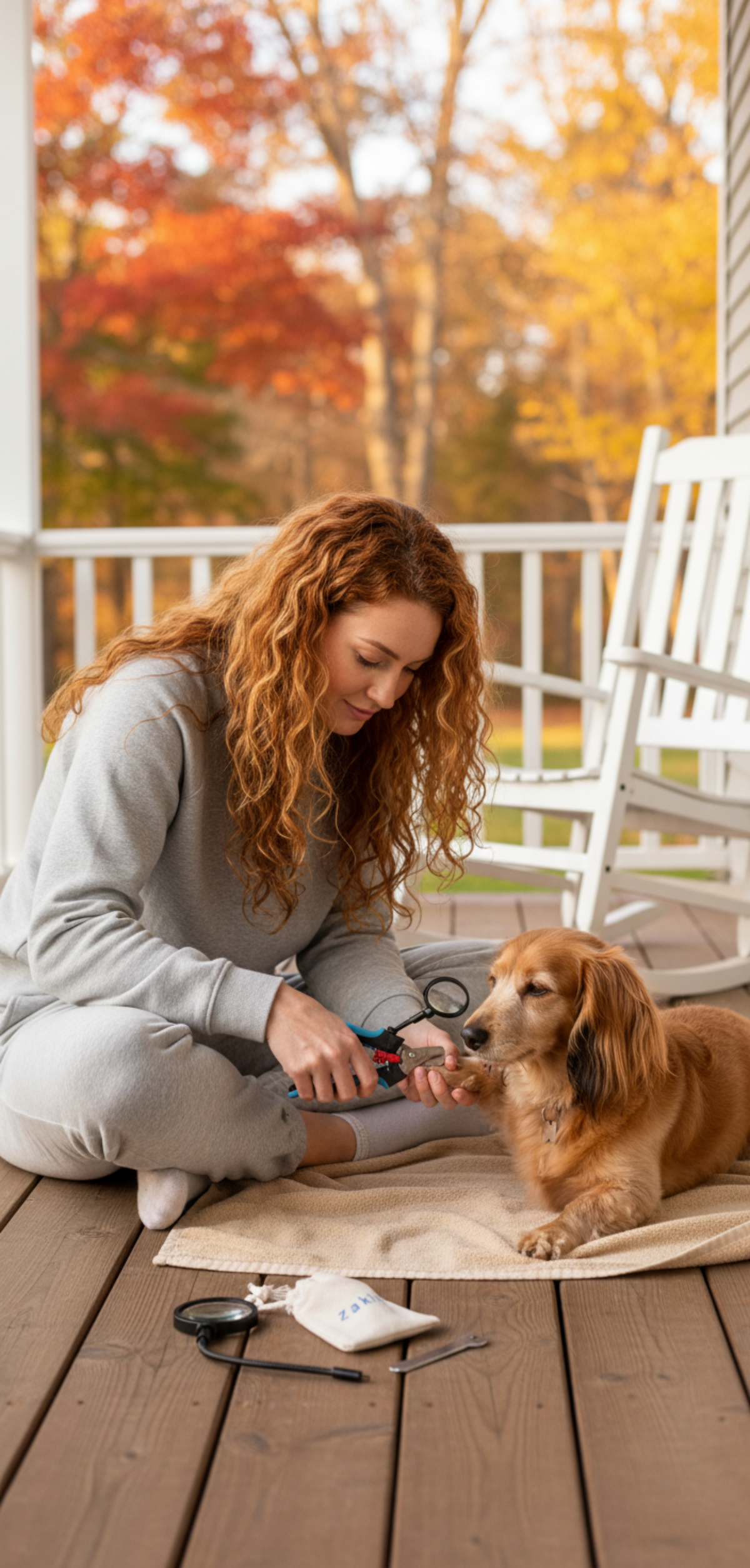 Woman trimming her dachshund dog's nails on an outdoor porch in autumn using the Zakity nail clipper with 3x magnifying glass attachment.