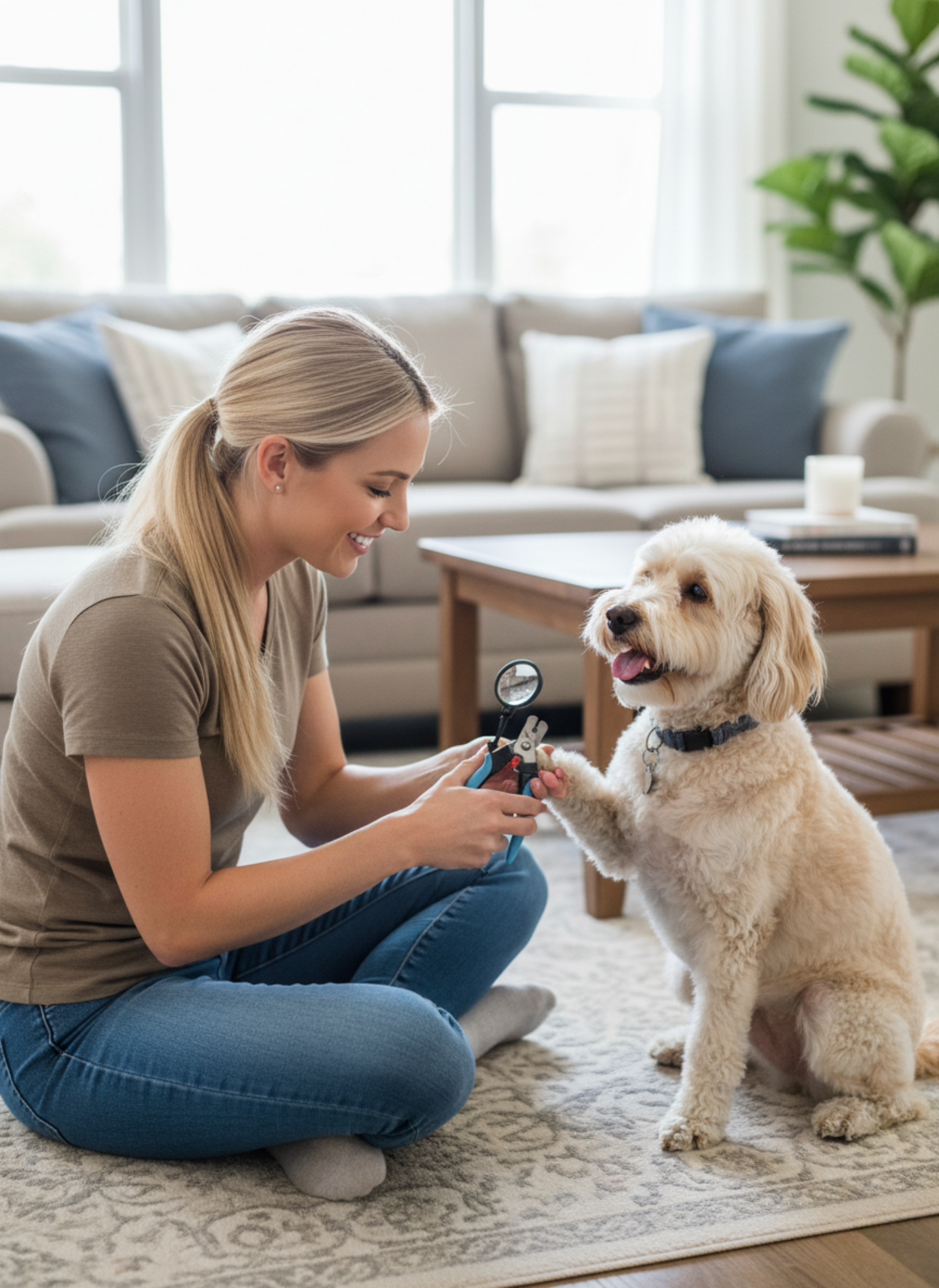 A woman sits on a patterned rug in a bright living room, holding the Zakity pet nail clipper with magnifier in place to see the dogs nail, while a fluffy cream-colored dog sits beside her with one paw raised.