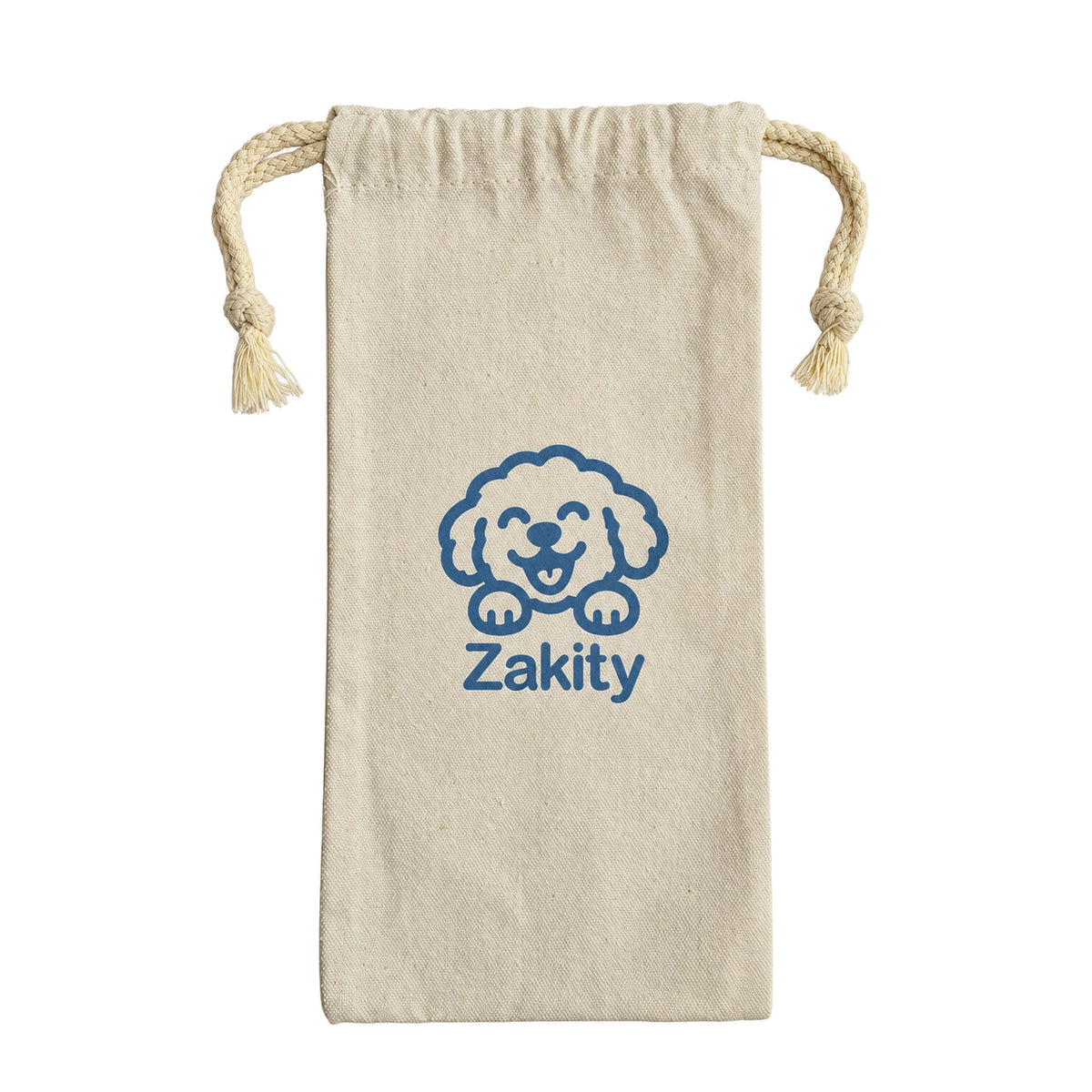 Zakity canvas storage bag for dog nail clipper kit, lying flat with rope drawstrings and the blue Zakity dog logo on cream canvas. 13 x 27 cm.