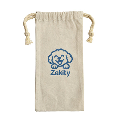 Zakity canvas storage bag for dog nail clipper kit, lying flat with rope drawstrings and the blue Zakity dog logo on cream canvas. 13 x 27 cm.