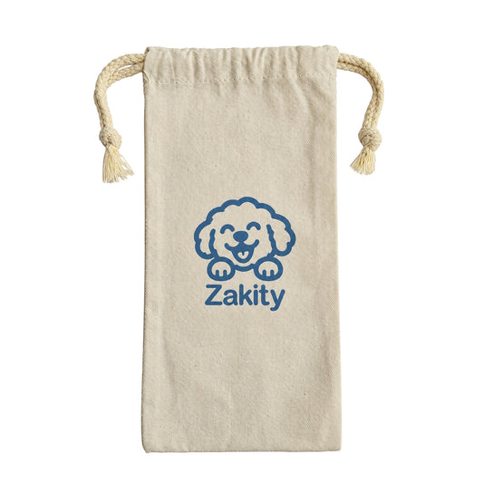 Zakity canvas storage bag for dog nail clipper kit, lying flat with rope drawstrings and the blue Zakity dog logo on cream canvas. 13 x 27 cm.