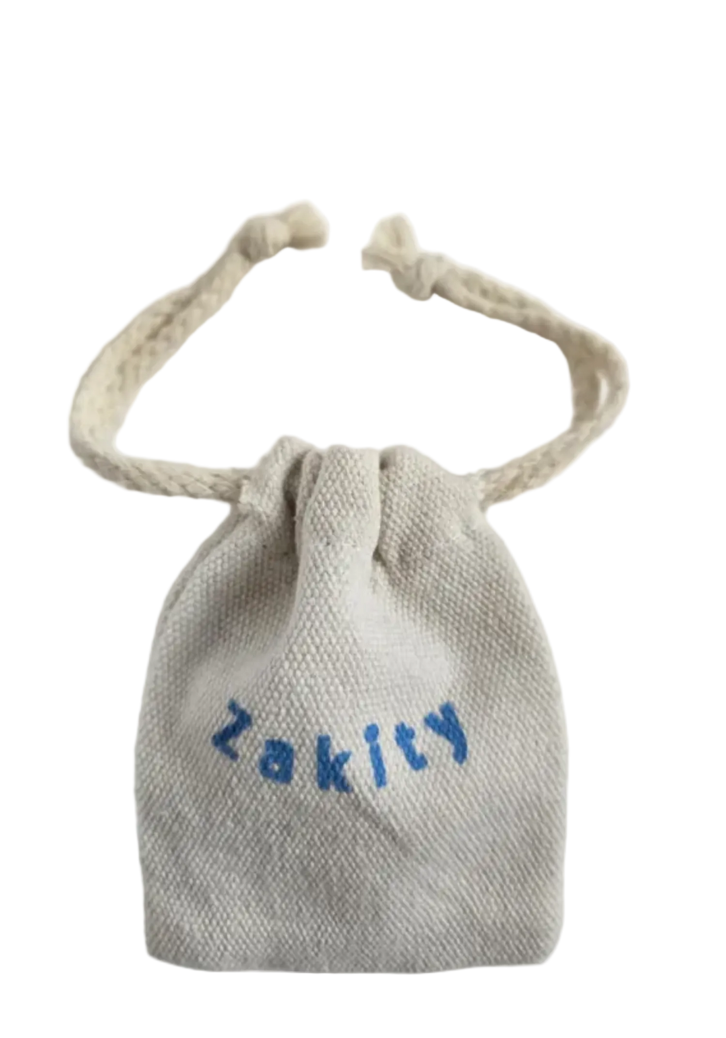 A small beige woven drawstring pouch with the word 'Zakity' embroidered in blue across the front, shown on a plain white background.