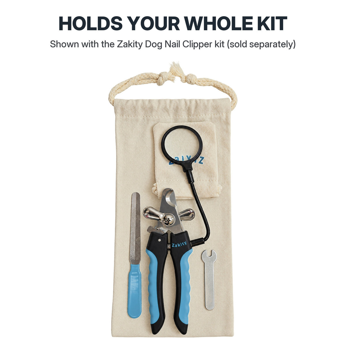Zakity canvas storage bag with the Zakity dog nail clipper, 3x magnifier, magnifier pouch, nail file and tightening wrench laid on top to show the whole kit fits; clipper kit sold separately