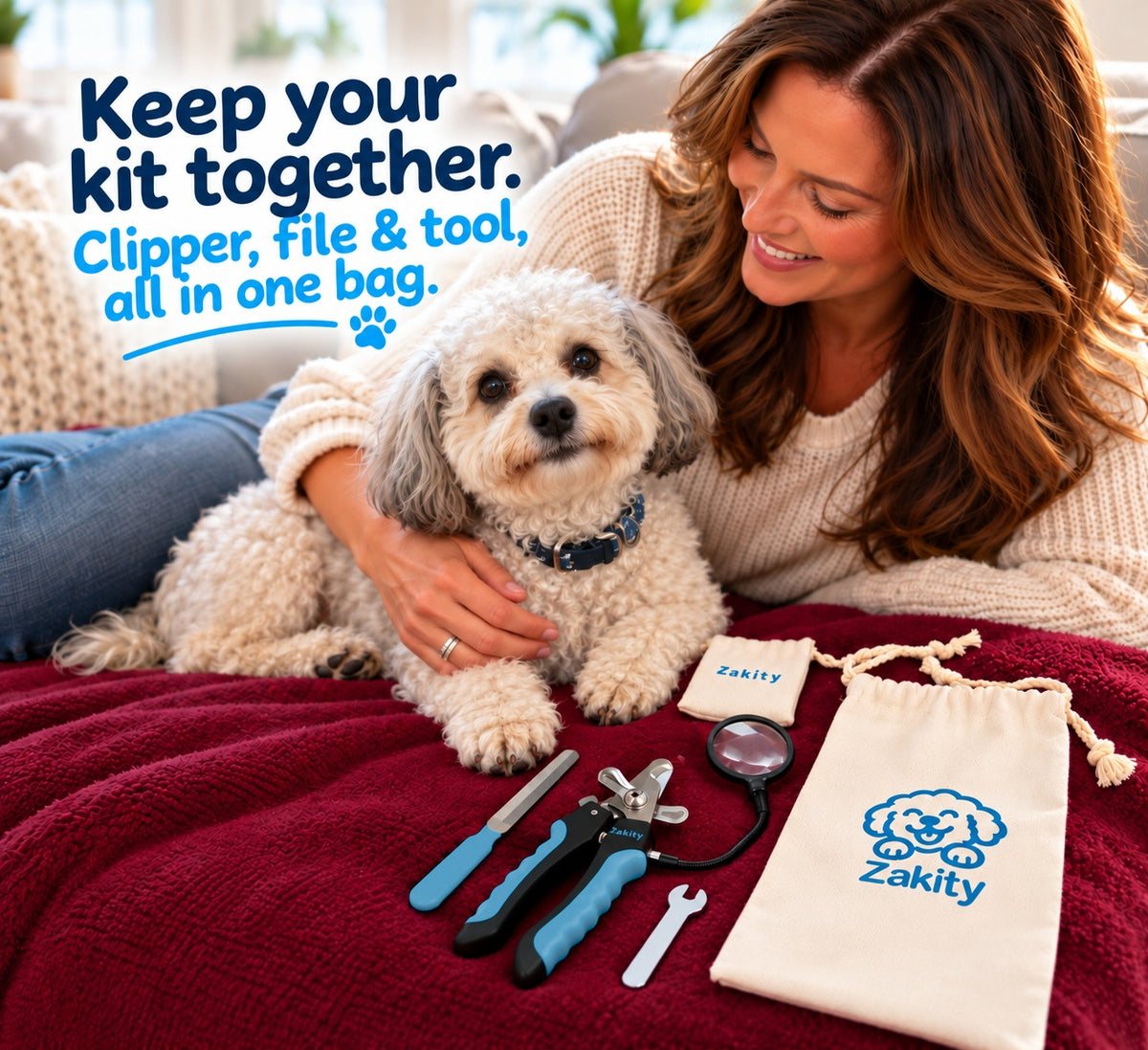 Woman relaxing with a happy curly-coated dog next to the Zakity canvas storage bag and Zakity dog nail clipper kit: keep your kit together (clipper and accessories not included with the bag).