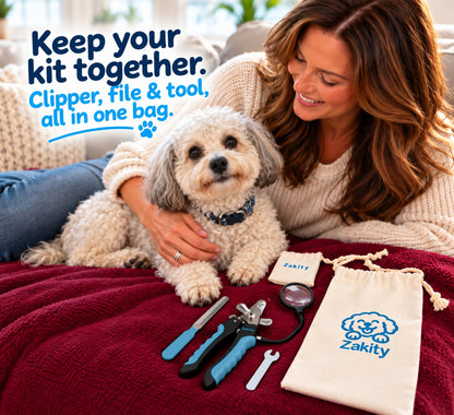 Woman relaxing with a happy curly-coated dog next to the Zakity canvas storage bag and Zakity dog nail clipper kit: keep your kit together (clipper and accessories not included with the bag).