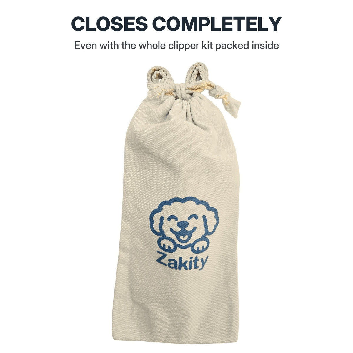 Zakity canvas storage bag tied closed with a rope bow, labeled Closes completely, even with the whole clipper kit packed inside; cream canvas with the blue Zakity dog logo