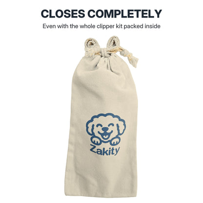 Zakity canvas storage bag tied closed with a rope bow, labeled Closes completely, even with the whole clipper kit packed inside; cream canvas with the blue Zakity dog logo