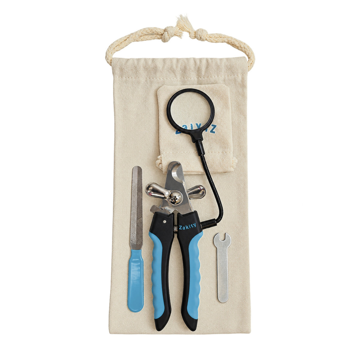 Zakity canvas storage bag laid flat with the Zakity dog nail clipper and 3x magnifier, small magnifier pouch, nail file, and tightening wrench on top, showing the full kit fits inside.