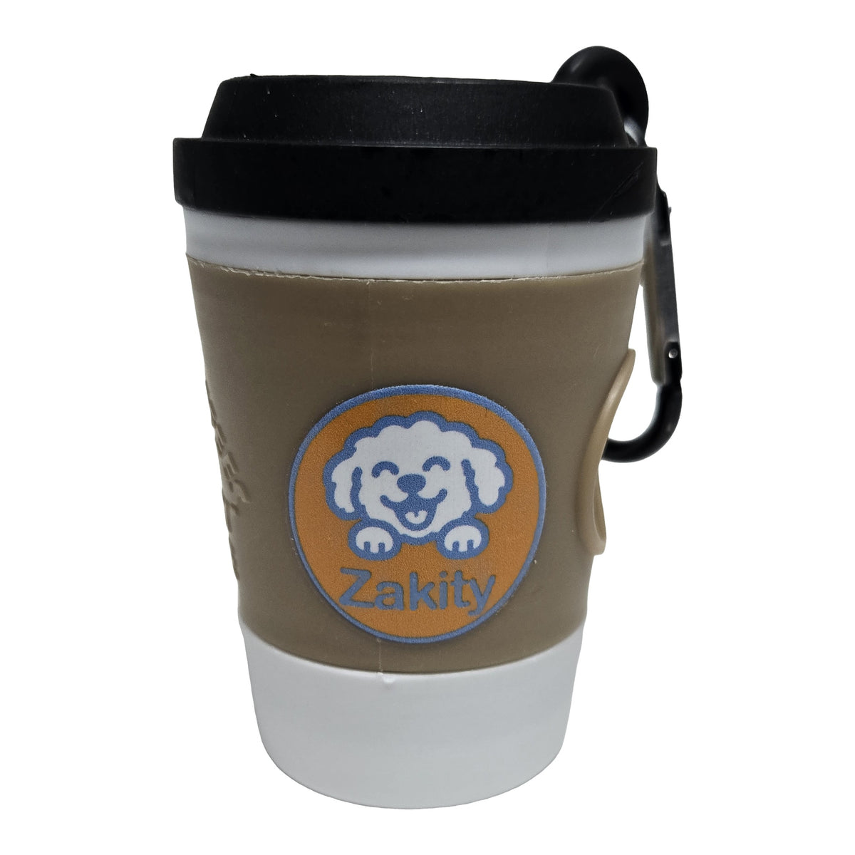 Zakity coffee cup poop bag dispenser with the orange Zakity dog logo, black lid, and carabiner