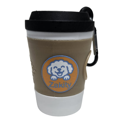 Zakity coffee cup poop bag dispenser with the orange Zakity dog logo, black lid, and carabiner