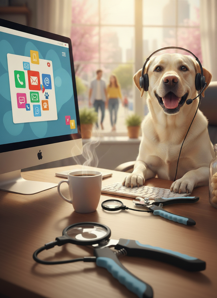 Friendly dog wearing a customer support headset sitting at a desk with a Zakity nail clipper, coffee mug, and computer