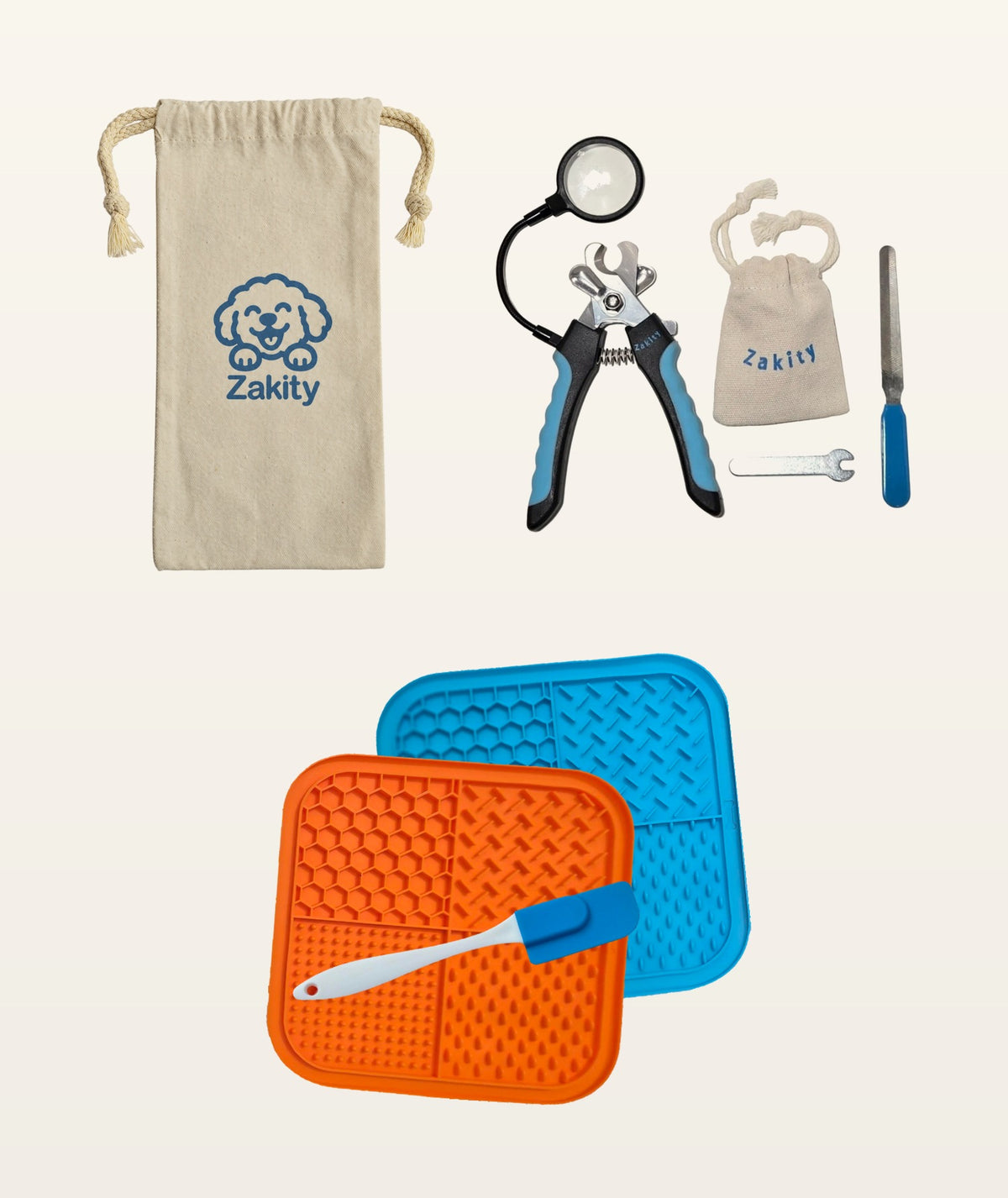 Everything in the Zakity Dog Nail Care Bundle: canvas storage bag, dog nail clipper kit with 3x magnifier, and orange and blue lick mats with spatula.