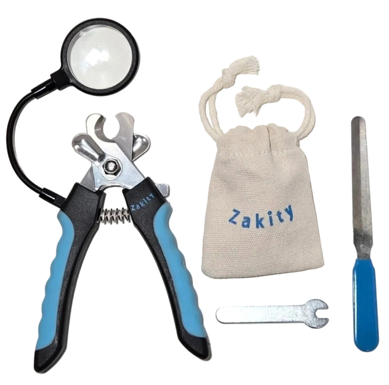 A pet nail clipping kit on a white background, including an adjustable magnifying lens, nail clippers with blue and black handles with professional grade blades, a small metal wrench, a metal nail file, and a beige drawstring pouch with the brand name 'Zakity' printed on it.