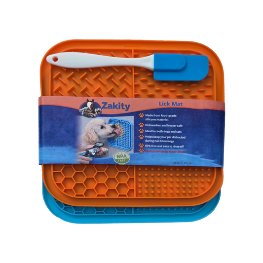 Zakity Lick Mat 2-pack retail display with orange and blue silicone mats, spatula, and product label showing features