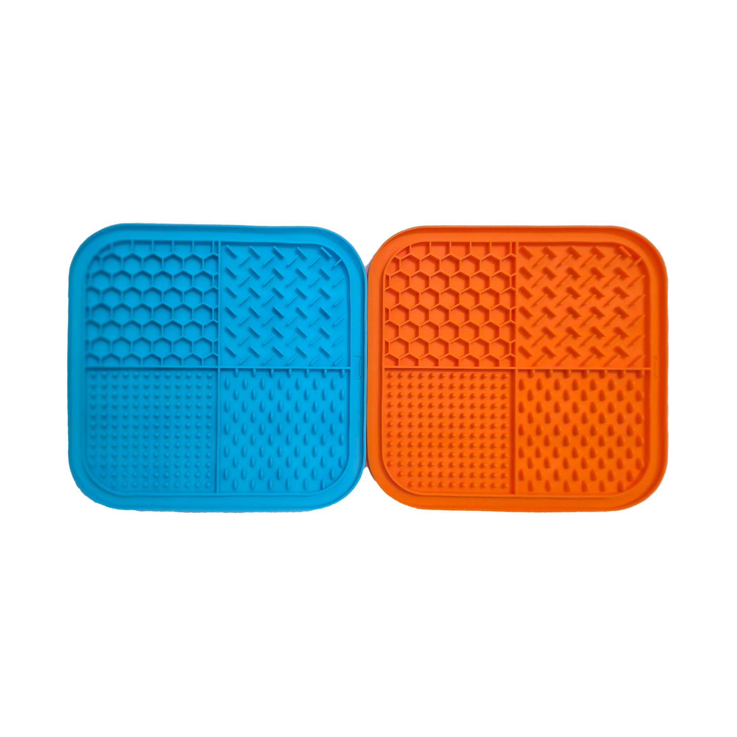 Zakity lick mat 2-pack showing blue and orange silicone mats with different textured surfaces for spreading treats