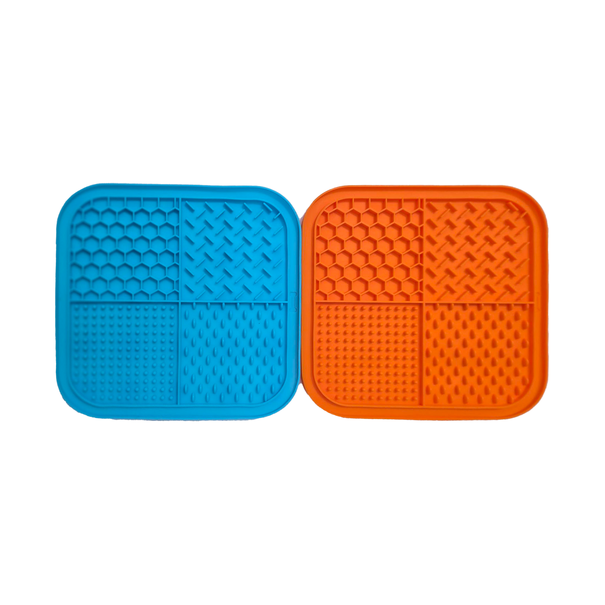 Zakity lick mat 2-pack showing blue and orange silicone mats with different textured surfaces for spreading treats