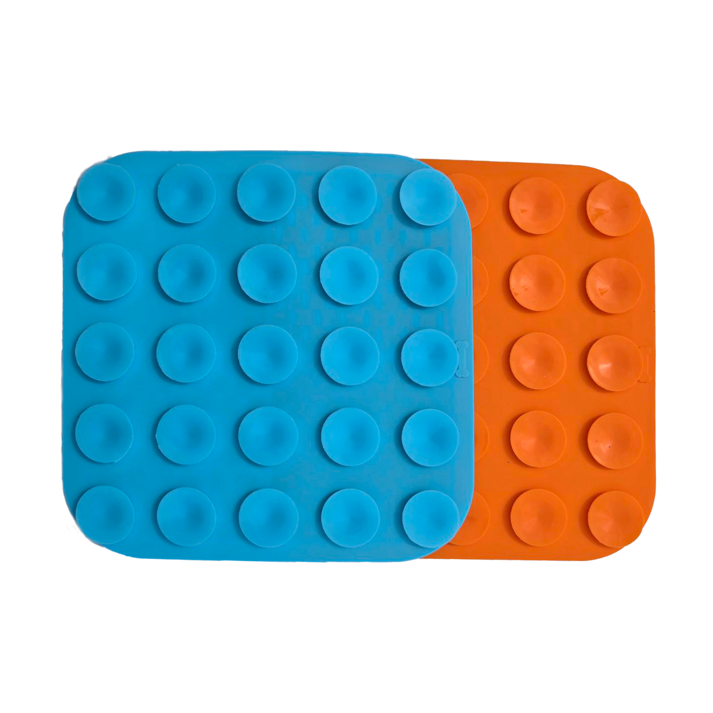 Back view of Zakity lick mats showing blue and orange silicone suction cups for wall and floor mounting