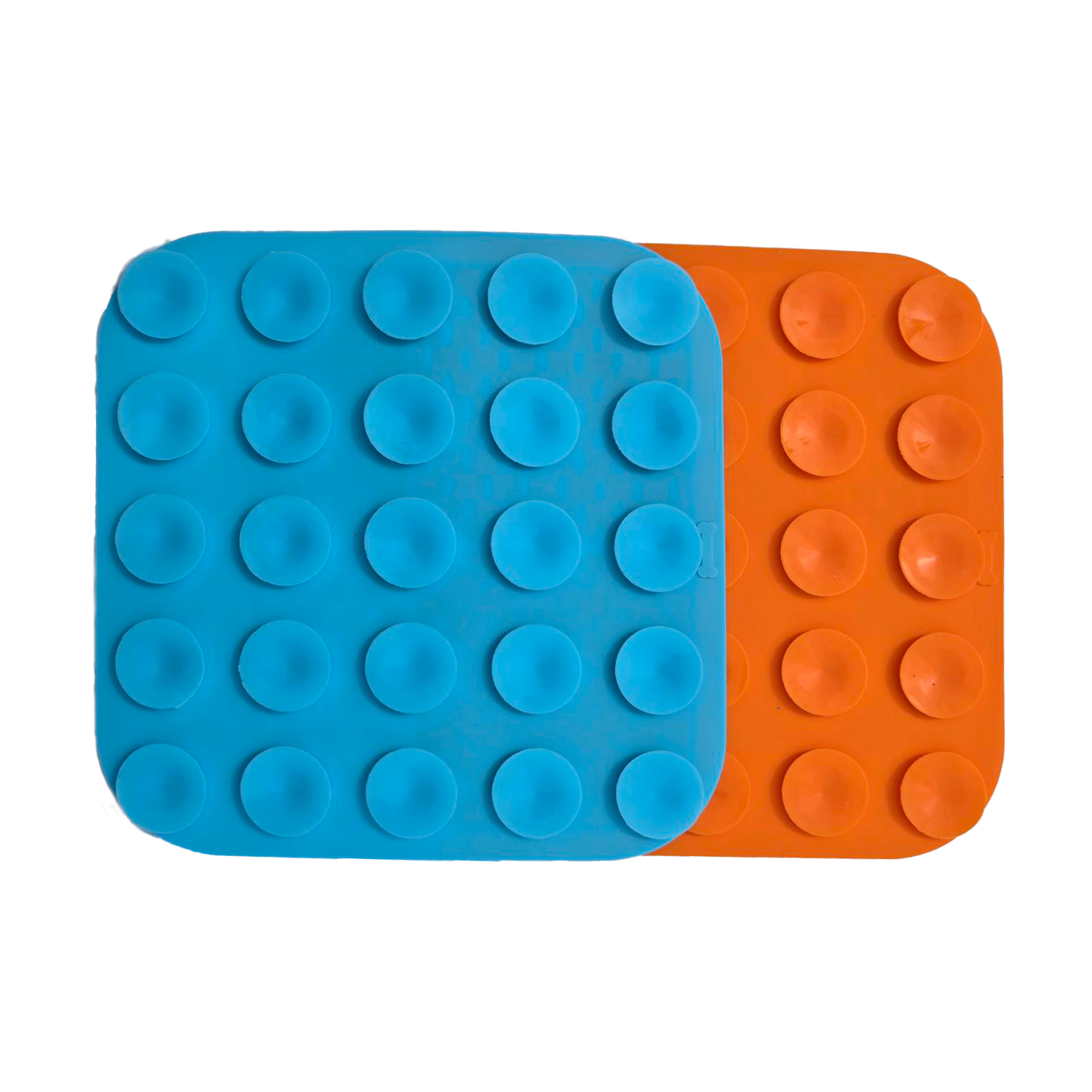 Back view of Zakity lick mats showing blue and orange silicone suction cups for wall and floor mounting