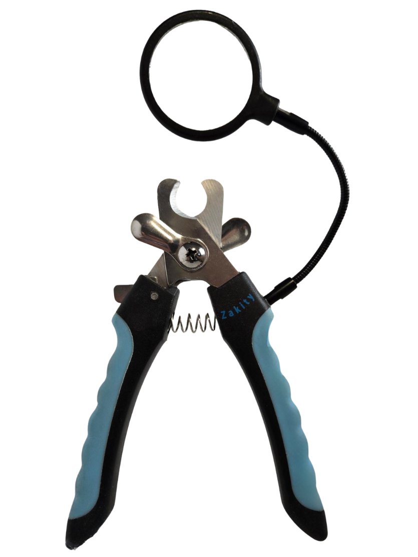 Close-up of Zakity dog nail clipper showing stainless steel blades, dual safety guards, and ergonomic blue grip