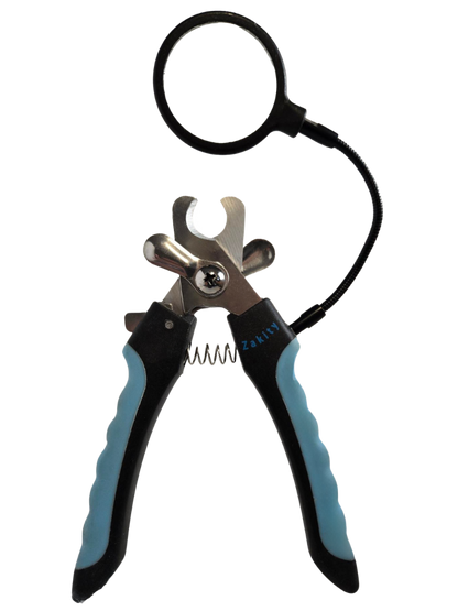 Close-up of Zakity dog nail clipper showing stainless steel blades, dual safety guards, and ergonomic blue grip