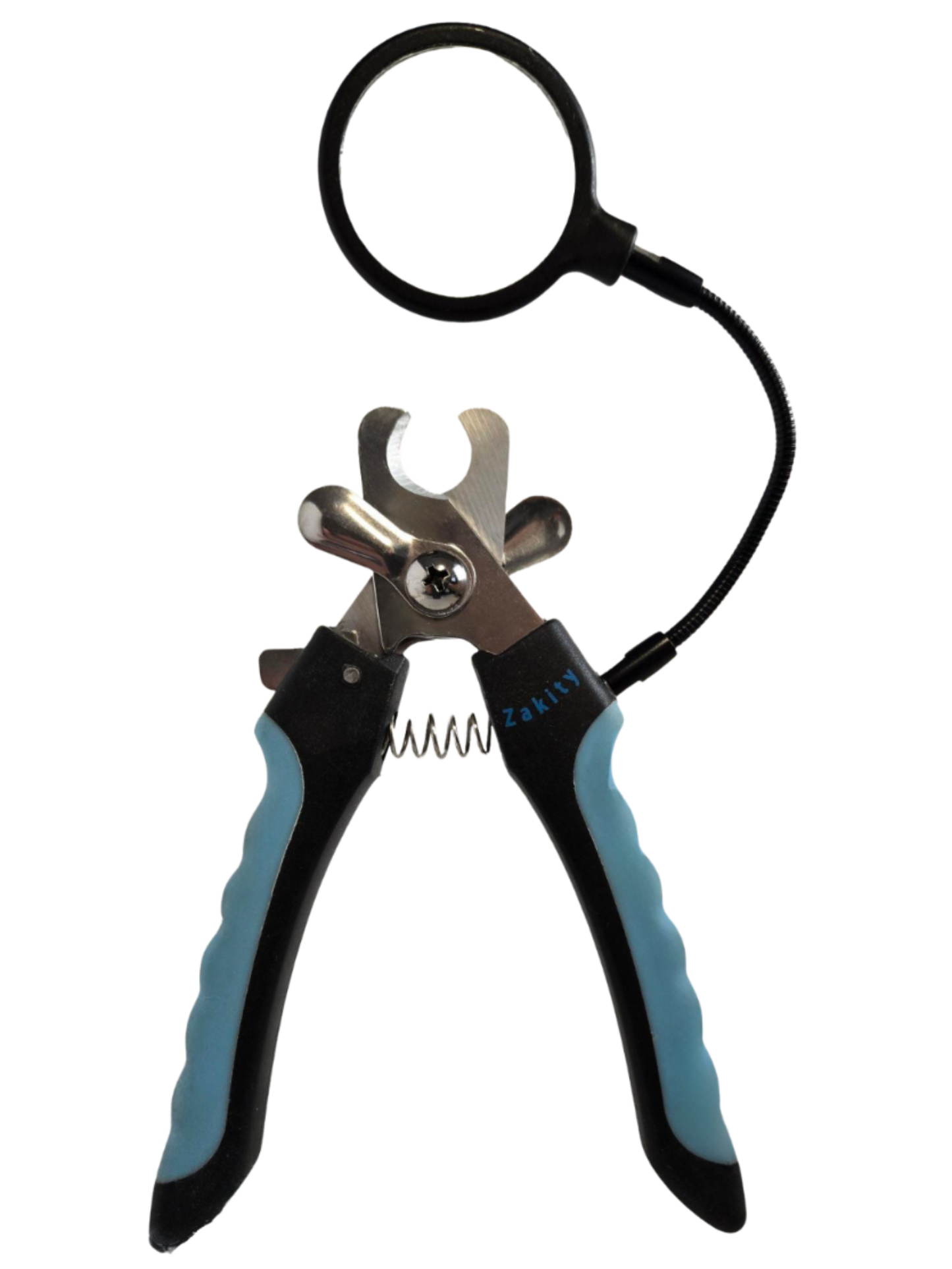 A pair of pet nail clippers with a black flexible magnifying glass attached to the handle. The clippers have silver professional grade stainless steal blades, dual safety guards and handles with black and light blue grip sections.