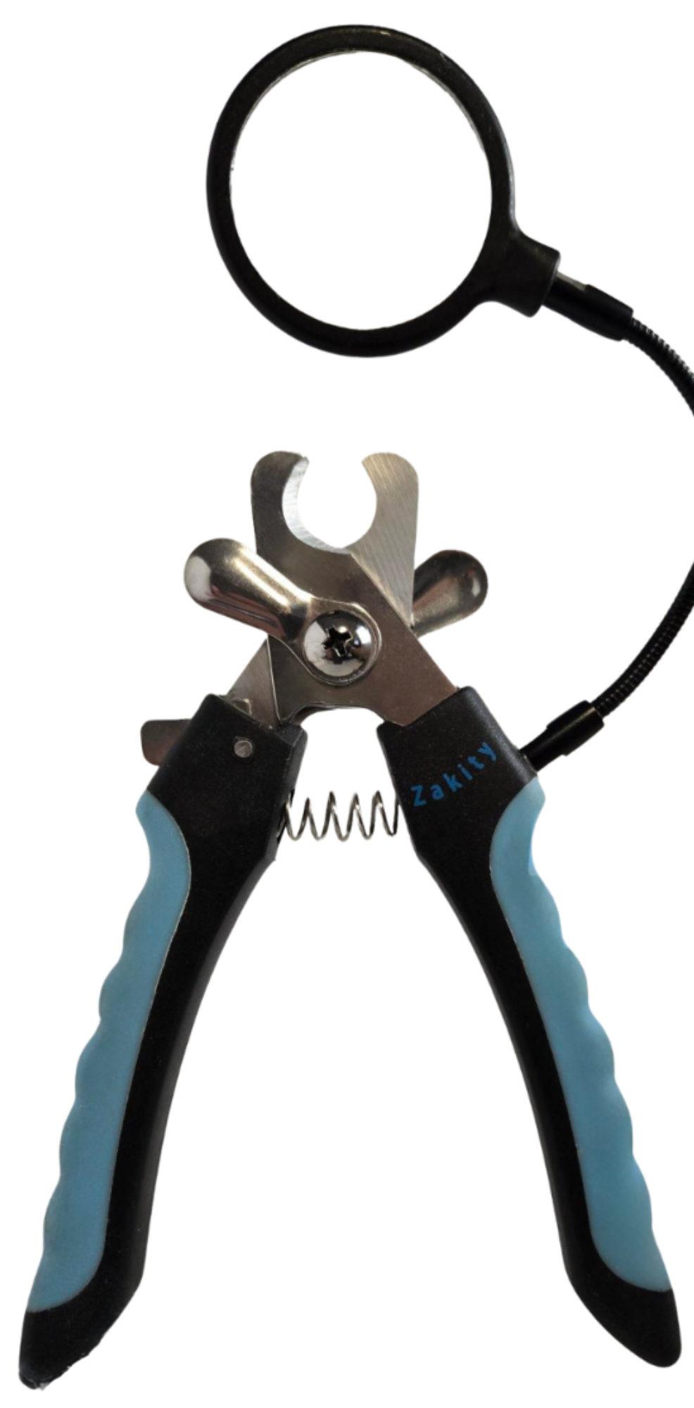A pair of pet nail clippers with a black flexible magnifying glass attached to the handle. The clippers have silver professional grade stainless steal blades, dual safety guards and handles with black and light blue grip sections.