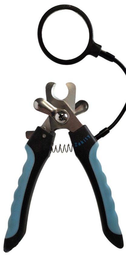 A pair of pet nail clippers with a black flexible magnifying glass attached to the handle. The clippers have silver professional grade stainless steal blades, dual safety guards and handles with black and light blue grip sections.