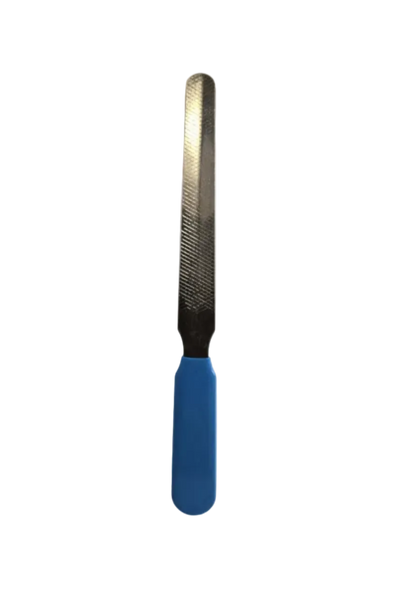 Stainless steel pet nail file with blue rubber handle, included with the Zakity dog nail clipper kit, shown on a white background.