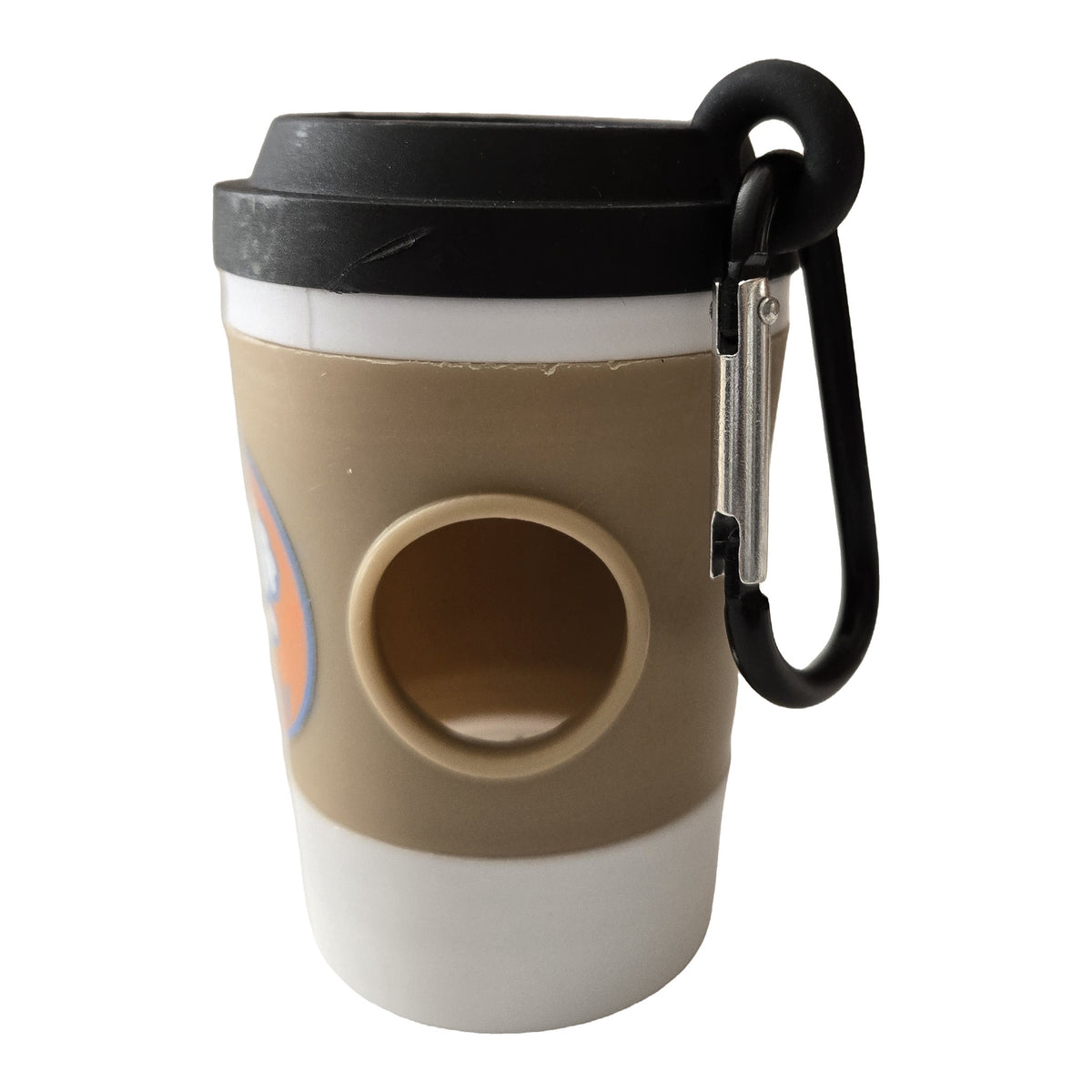 Side of the Zakity poop bag dispenser with the side opening and metal carabiner clip