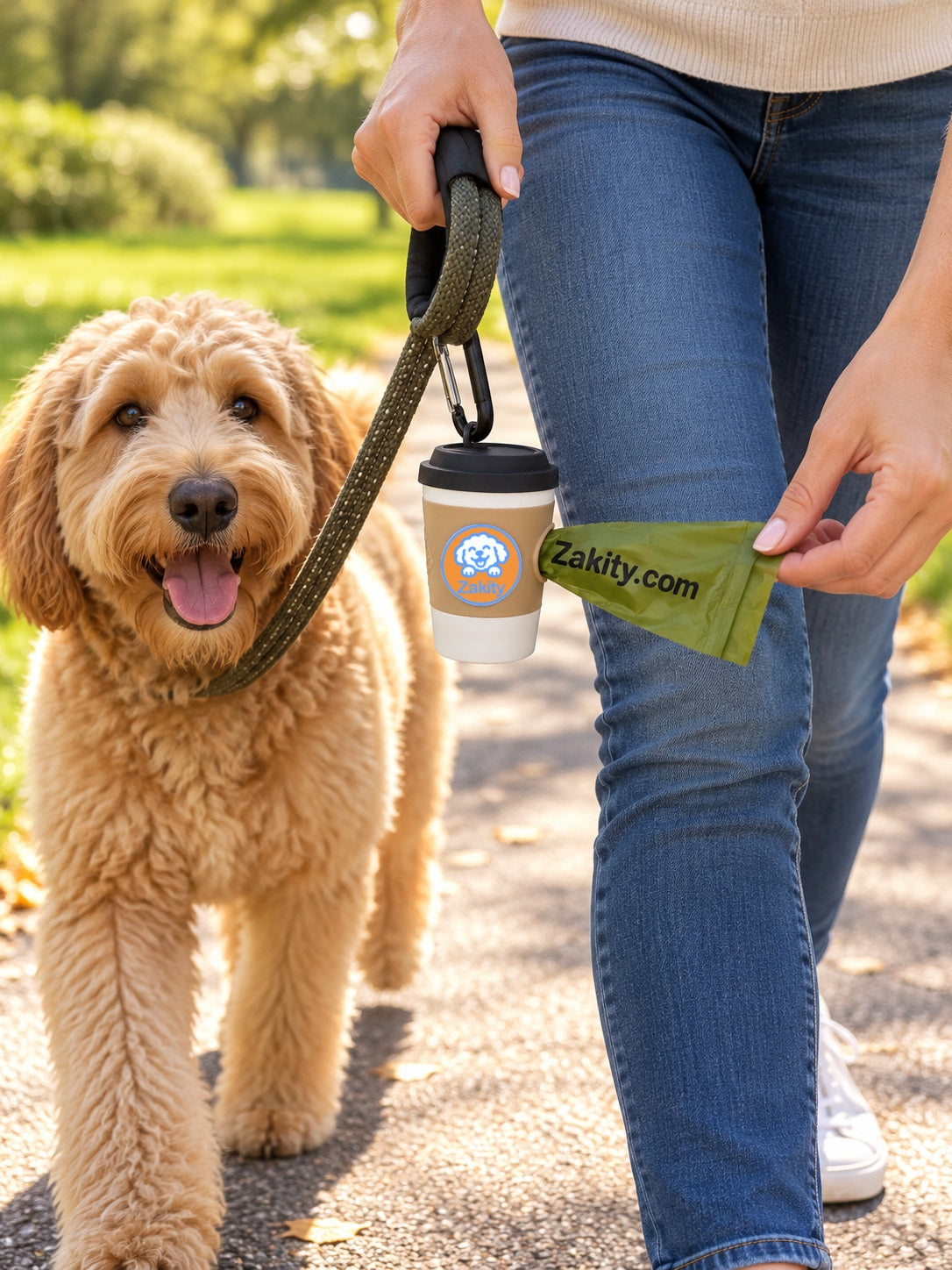 Zakity coffee cup poop bag dispenser clipped to a leash on a walk with a goldendoodle, pulling a Zakity.com bag from the side opening