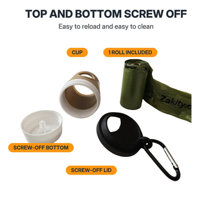 Zakity poop bag dispenser taken apart and labeled: top and bottom screw off, easy to reload and easy to clean; cup, screw-off lid with carabiner, screw-off bottom, and 1 roll of bags included