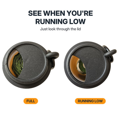 Looking through the Zakity dispenser lid: a full roll next to a roll that is running low