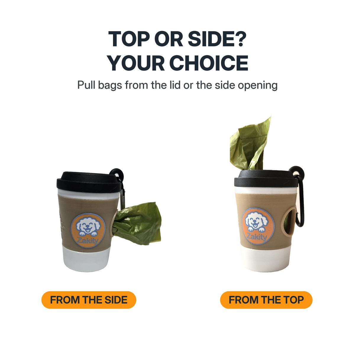 Zakity poop bag dispenser showing a bag pulled from the side opening and a bag pulled from the top of the lid