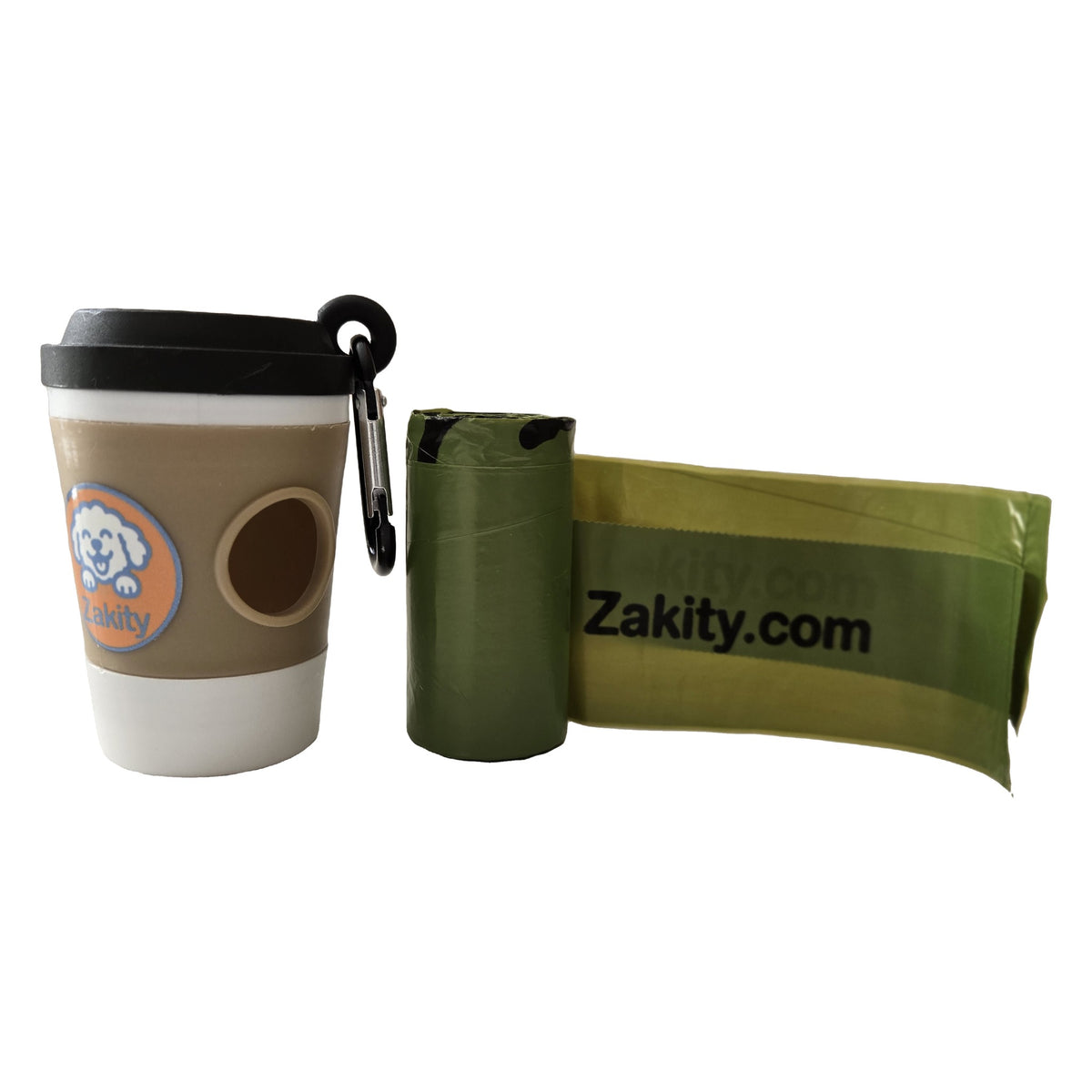 Zakity poop bag dispenser next to a green roll of Zakity.com poop bags