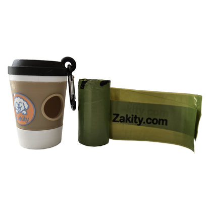 Zakity poop bag dispenser next to a green roll of Zakity.com poop bags
