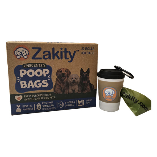 Zakity poop bags box (20 rolls, 300 bags) with the Zakity coffee cup poop bag dispenser and metal carabiner