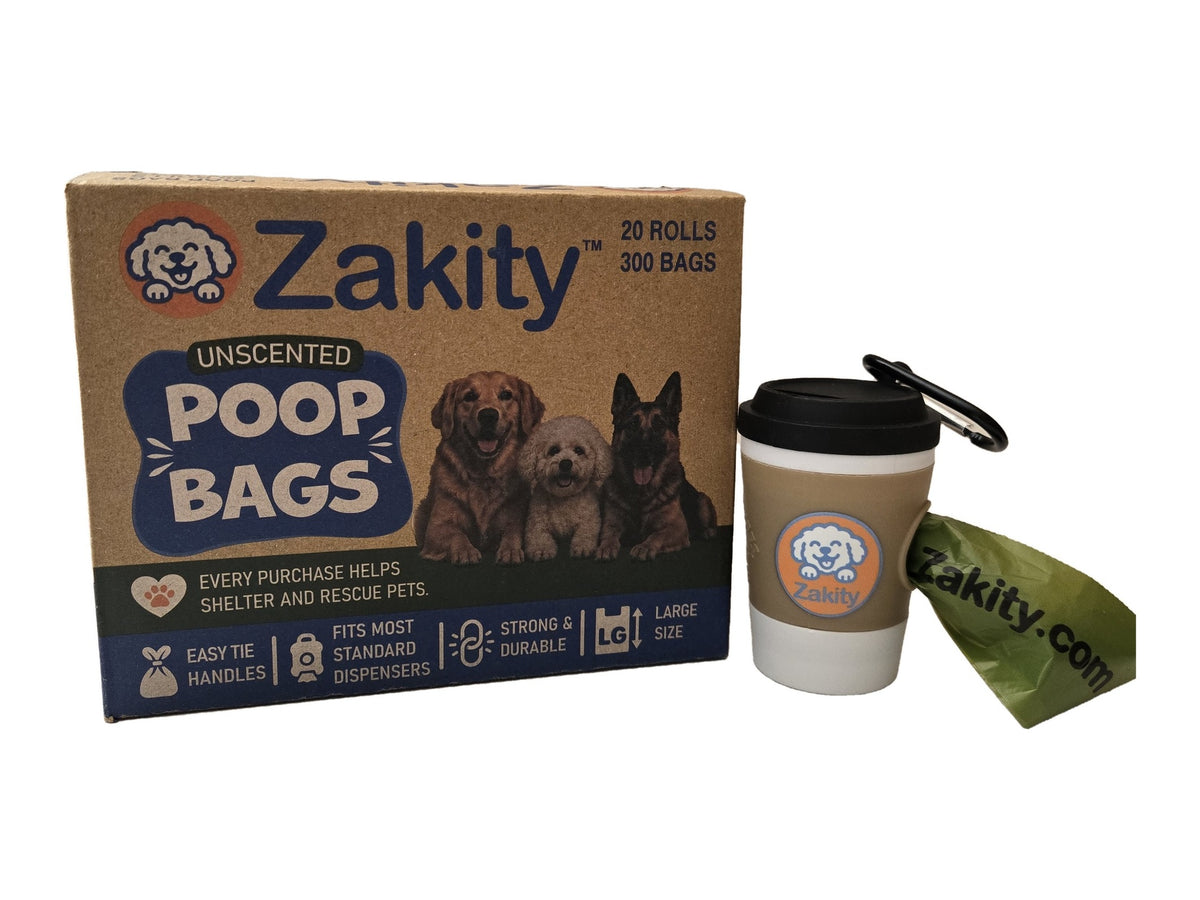 Zakity poop bags box (20 rolls, 300 bags) with the Zakity coffee cup poop bag dispenser and metal carabiner