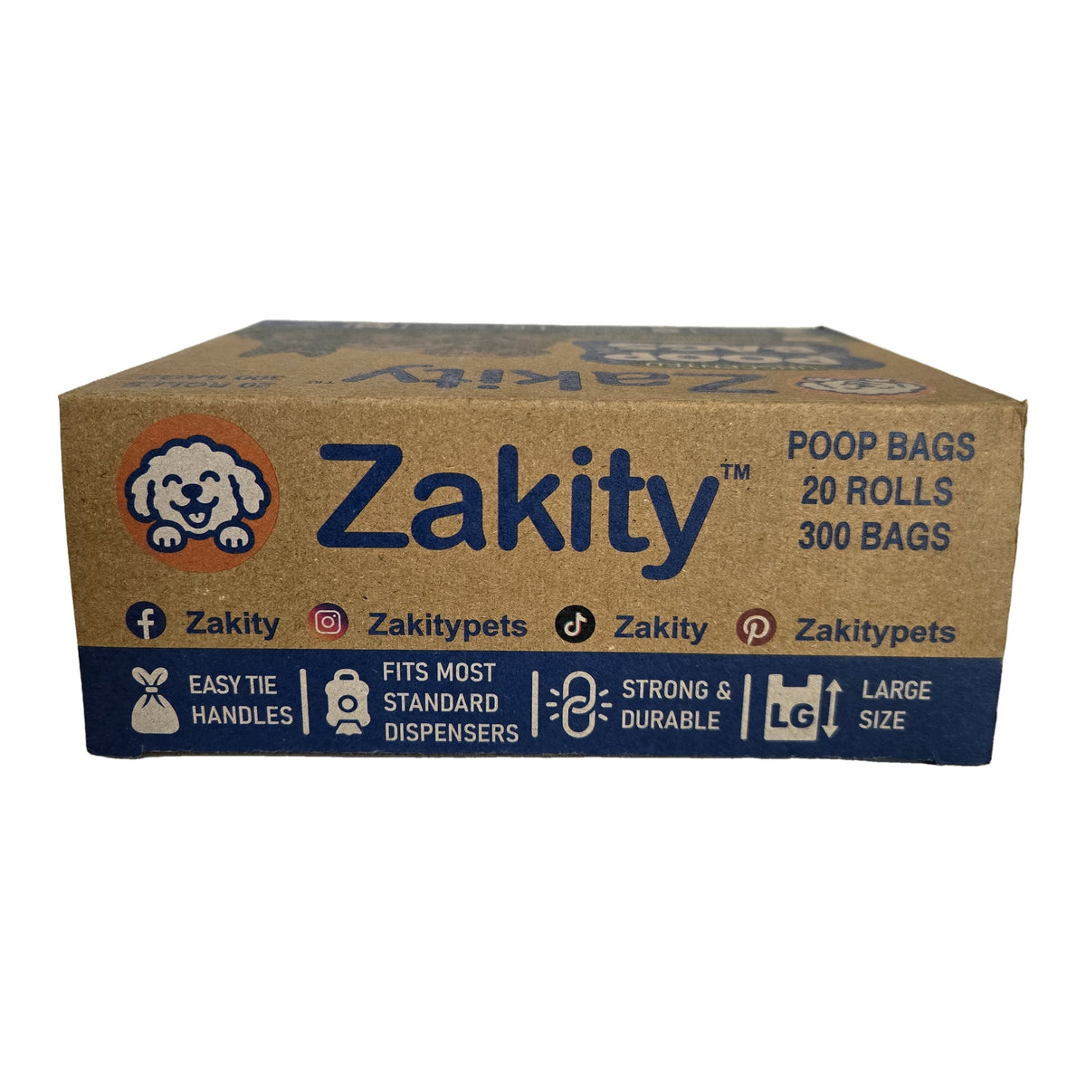 Zakity poop bags box showing 20 rolls, 300 bags and Zakity social media handles