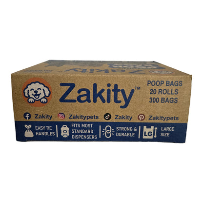 Zakity poop bags box showing 20 rolls, 300 bags and Zakity social media handles
