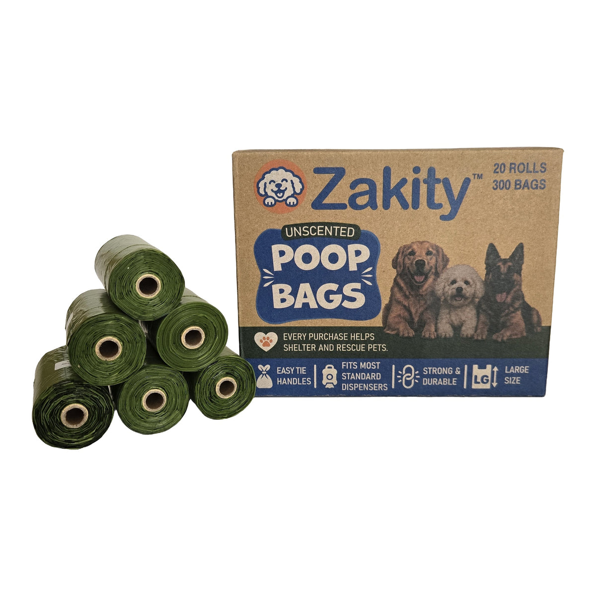 Zakity unscented dog poop bags box, 20 rolls and 300 bags, with green bag rolls stacked beside it