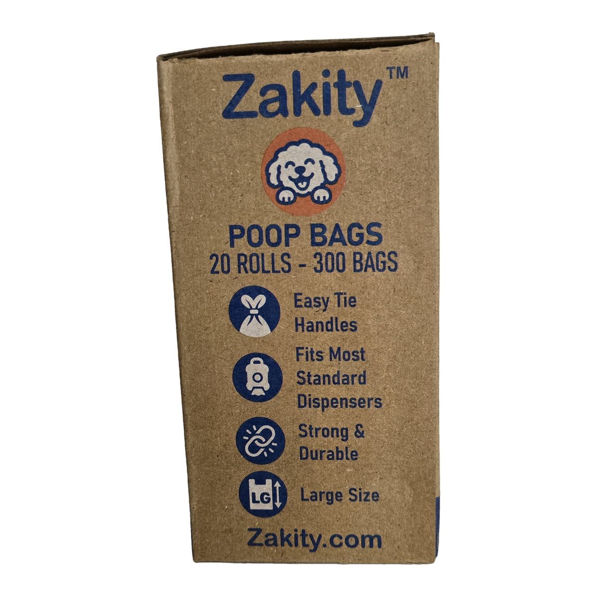Side of the Zakity poop bags box: easy tie handles, fits most standard dispensers, strong and durable, large size
