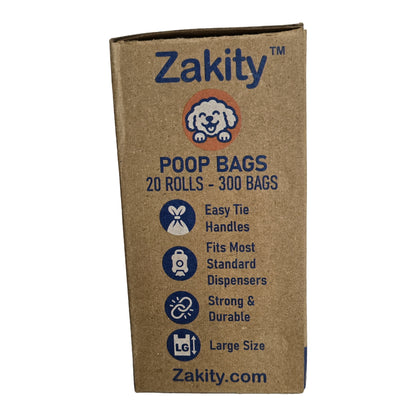 Side of the Zakity poop bags box: easy tie handles, fits most standard dispensers, strong and durable, large size