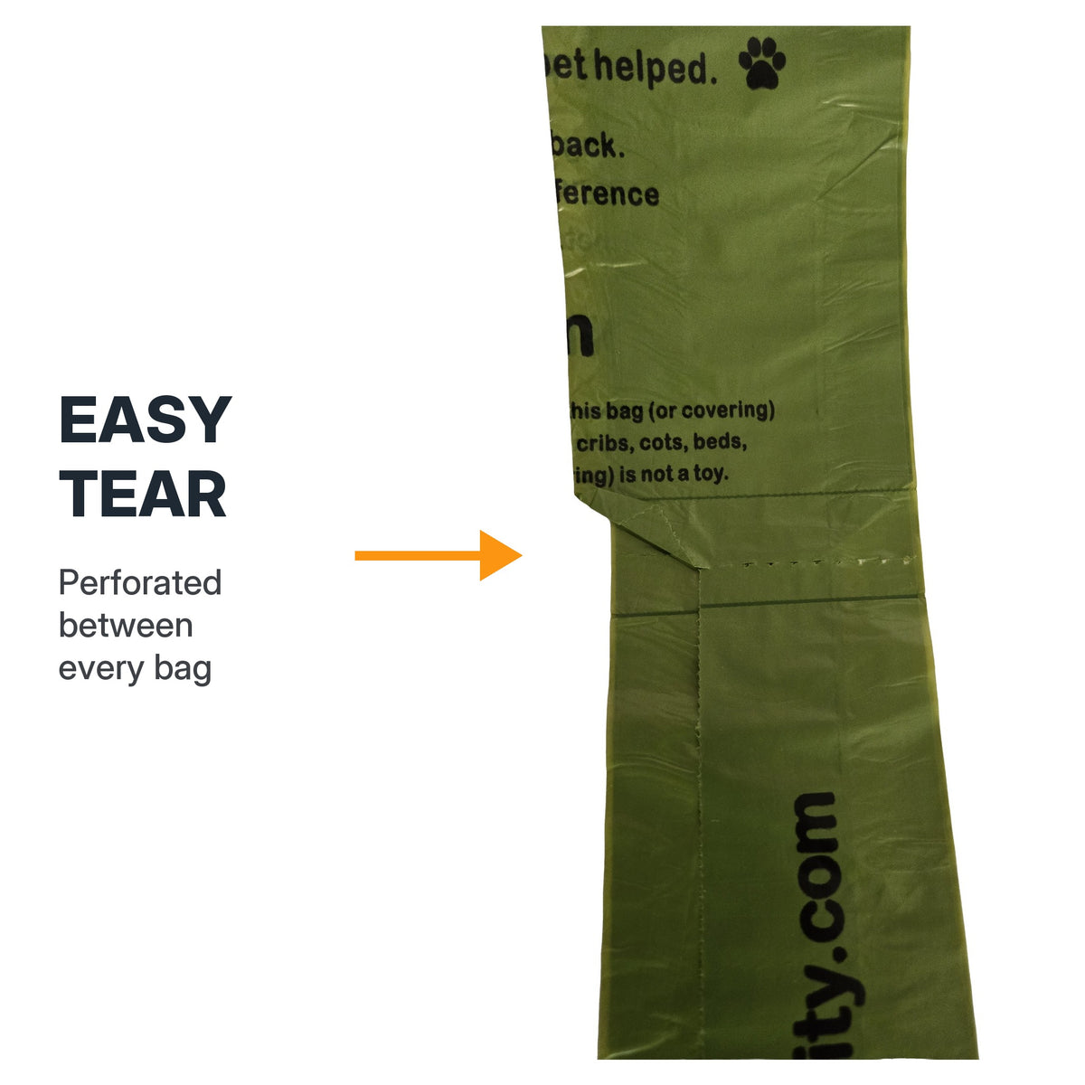 Close-up of the easy-tear perforation between two Zakity poop bags on the roll