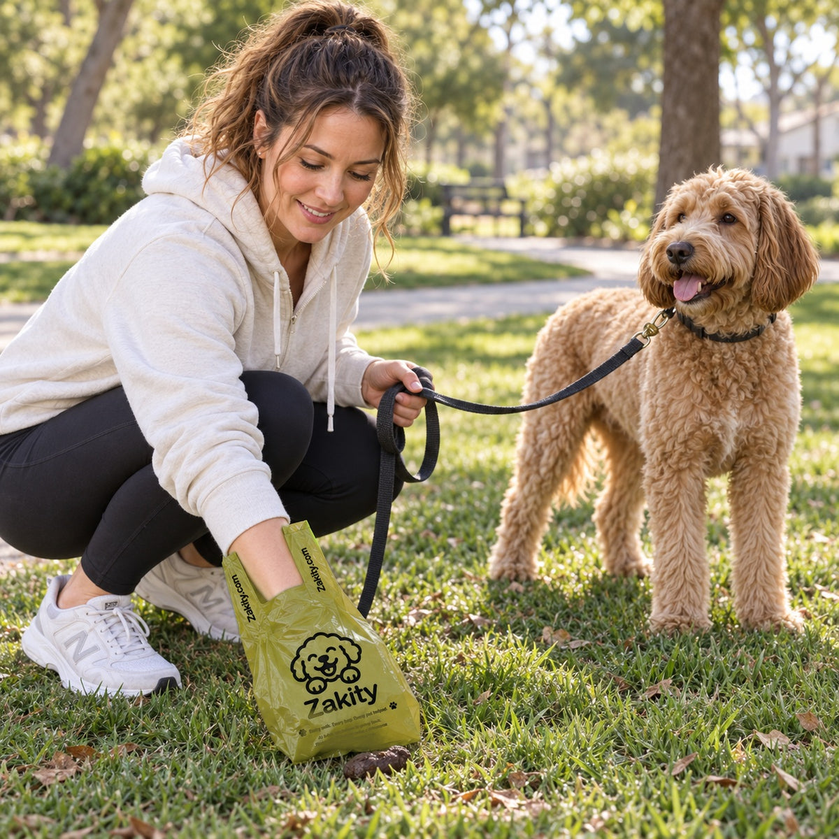 Woman in a park picking up after her goldendoodle with a green Zakity dog poop bag